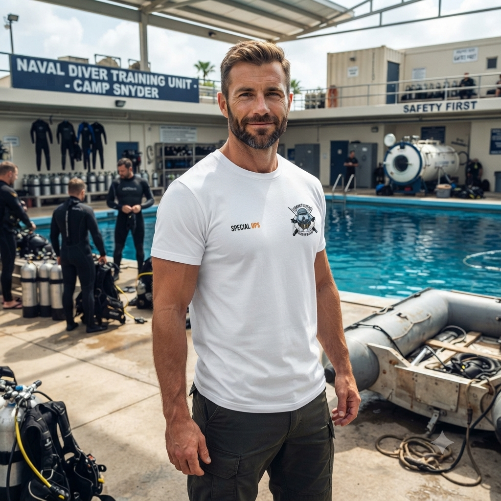 Athletic male model wearing white bio-washed Combat Diver t-shirt at diving facility.