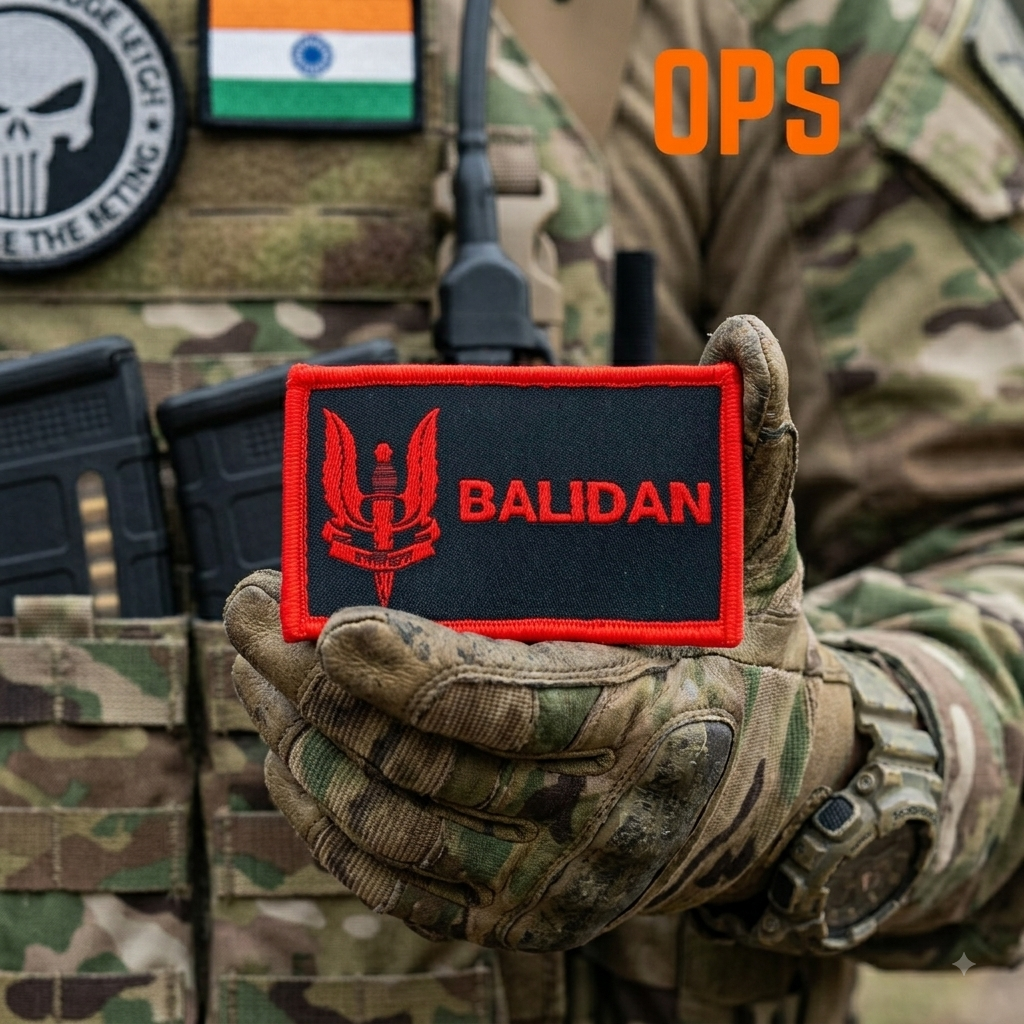 A medium close-up shot of a person's gloved hand, clad in desert camouflage (multicam) and wearing a rugged black tactical watch, holding and presenting a rectangular embroidered patch. The patch has a black background with a red border and features a red trident symbol on the left and the word "BALIDAN" in red capital letters on the right. The background is a slightly blurred tactical vest with other patches (like a skull and an Indian flag
