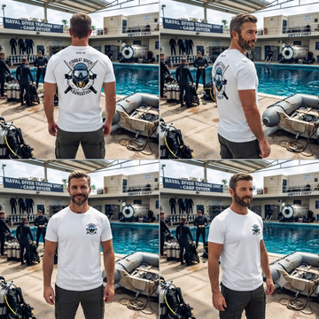  Four-panel shot showing front, side, and back views of white Combat Diver shirt.   