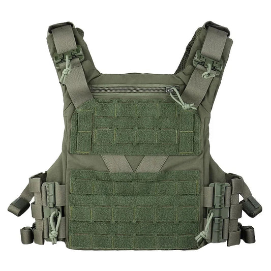 Front view of the SF RIG Tactical Plate Carrier in olive green with attached pouches and shoulder padding