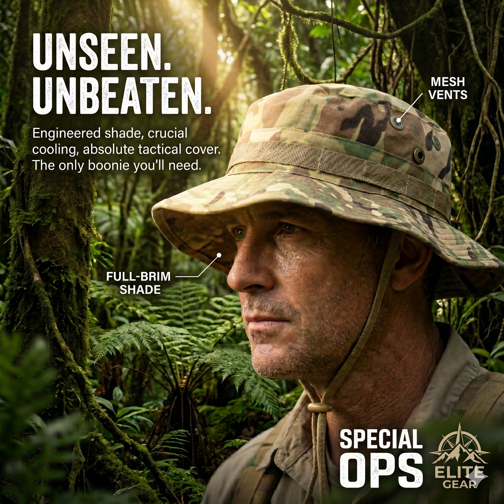 Tactical Special Ops camouflage boonie hat worn by a man in a jungle. The image calls out tactical features like mesh vents and a full-brim shade for crucial cooling and cover