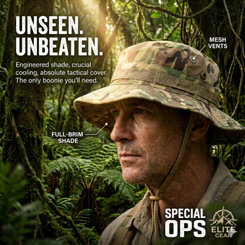 Tactical Special Ops camouflage boonie hat worn by a man in a jungle. The image calls out tactical features like mesh vents and a full-brim shade for crucial cooling and cover