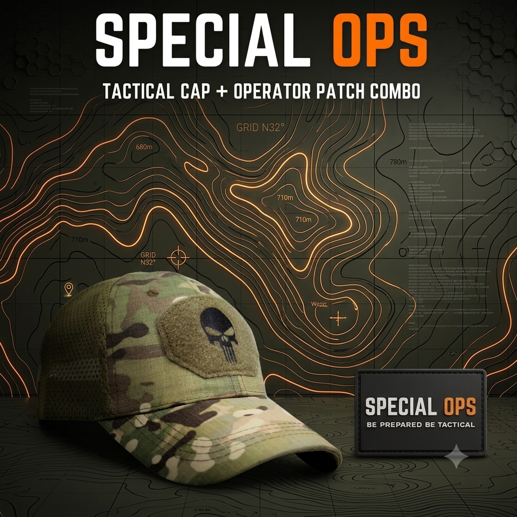 Camouflage tactical mesh snapback hat featuring a skull emblem patch alongside a black and orange Special Ops PVC patch.