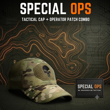 Camouflage tactical mesh snapback hat featuring a skull emblem patch alongside a black and orange Special Ops PVC patch.