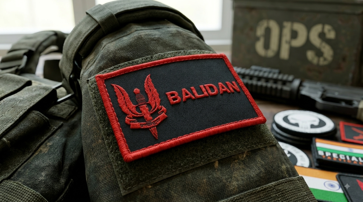 A three-quarter view of a dark green, rugged fabric shoulder bag. The central feature is the rectangular black "BALIDAN" patch, with its distinctive red trident symbol and red text, bordered in red, securely attached to the bag's loop panel. In the blurred background, an green ammo can with the stencil-painted text "OPS" is visible, along with other tactical gear.